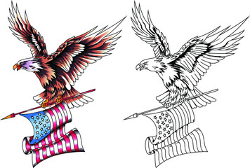 American eagle in flight with the USA flag in its claws. Vector illustration