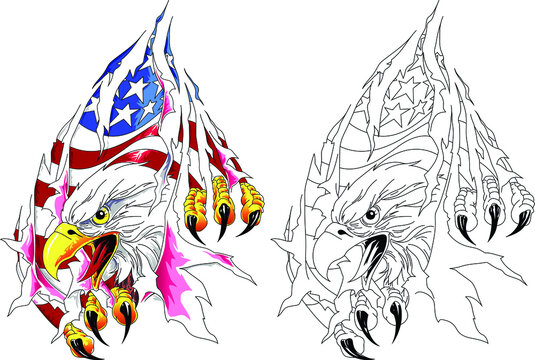 American eagle with usa flag in claws. Vector illustration  in tatto style.