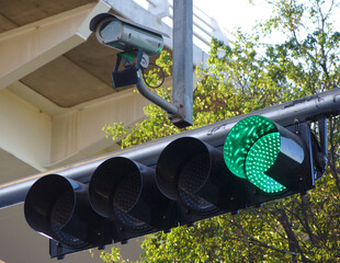 Traffic light in green with security cam