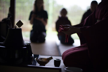 traditional japanese tea ceremony, kimono girl, tea utensils, matcha green tea, tea making
