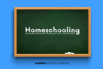 Homeschooling. Word Homeschooling on a board.online learning. Chalk inscription on a blackboard. Chalkboard 3D. Realistic black boards in a wooden frame isolated on a blue background.