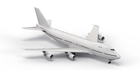 Obraz na płótnie Canvas Large passenger aircraft of large capacity for long transatlantic flights. White airplane on white isolated background. 3d illustration.
