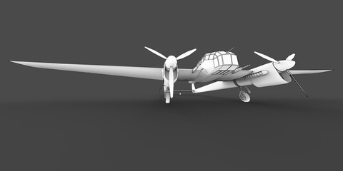 Three-dimensional model of the bomber aircraft of the second world war. Body with two tails and wide wings. Turboprop engine. Drawn airplane on a gray background. 3d illustration.
