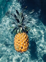Pineapple floating in a water 