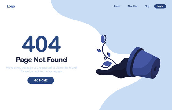 Vector illustration 404 error page not found. Go to home banner. System error, broken page. Shattered pot with flower and soil. For website. Web Template. Blue. Eps 10