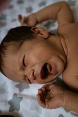 Newborn baby boy lying on bed