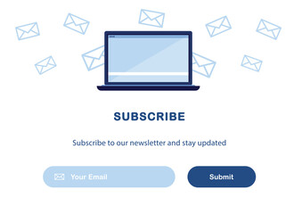 Vector banner illustration of email marketing. Subscription to newsletter, news, offers, promotions. Computer, laptop Buttons template. Subscribe, submit. Send by mail. Blue and White. Eps 10