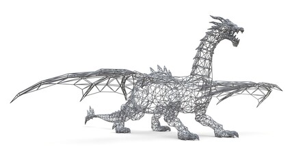 Big dragon stands on the ground. Three-dimensional illustration of the polygonal mesh on a white background. 3d illustration.