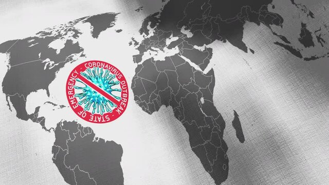 Global map flag with State of National Emergency for Coronavirus logo.Highly detailed fabric texture graph.COVID-19 outbreak crisis quarantine concept.