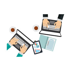 Hands on laptops and document with infographic vector design