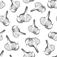 seamless pattern of garlic on a white background.A simple pattern of garlic.Hand-drawn vector illustration in the Doodle style. Head of garlic