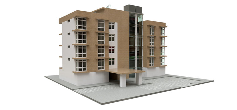 Small white and beige condominium with elevator and garage. 3d rendering.