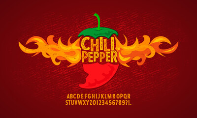 Vintage font with a grunge effect, handwritten font and alphabet. Vector illustration. Chili pepper, hot, burns with fire. - obrazy, fototapety, plakaty