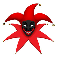 Black Joker mask in red jester hat isolated on white