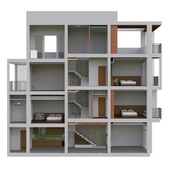 Fototapeta na wymiar Sectional view of a multilevel apartment. 3d illustration.