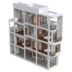 Sectional view of a multilevel apartment. 3d illustration.