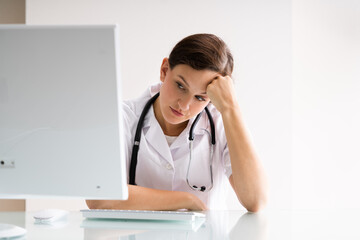 Frustrated Overworked Sad Doctor At Computer