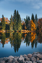 autumn trees reflected in lake
