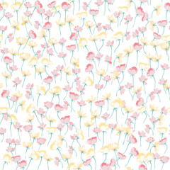 Spring tulips background. Seamless floral pattern. Small flowers print. Liberty style millefleurs