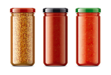 Set of Glass Jars with Sauces, Mustard. 