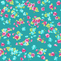 Einfaches nahtloses Blumenmuster mit hellen bunten kleinen Blumen von Heckenrosen. Trendige Millefleurs. Elegante Vorlage für Modedrucke.