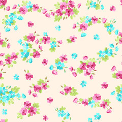 Fototapeta na wymiar Simple seamless floral pattern with bright colorful small flowers of dog roses. Trendy millefleurs. Elegant template for fashion prints.