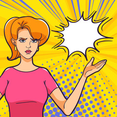 A woman spread her arms to the sides on a pop art bright background. Unwitting facial expression. A woman is not happy with the result.