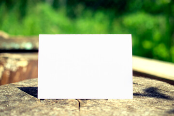 Vintage photo of Blank bifold place card on a stump stage and blurred green background behind.