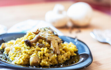 Close-up of a mushroom risotto with the background out of focus - Focus on the rice