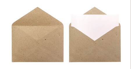 Opened brown craft envelopes with and without blank card isolated on a white background