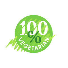 100 vegetarian stamp - green circle with hand-drawn strokes and hundred percents symbol - element for vegan menu or products packaging decoration