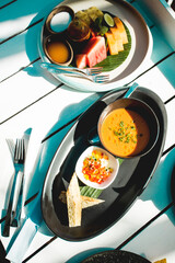 lunch gazpacho soup and fruit plate