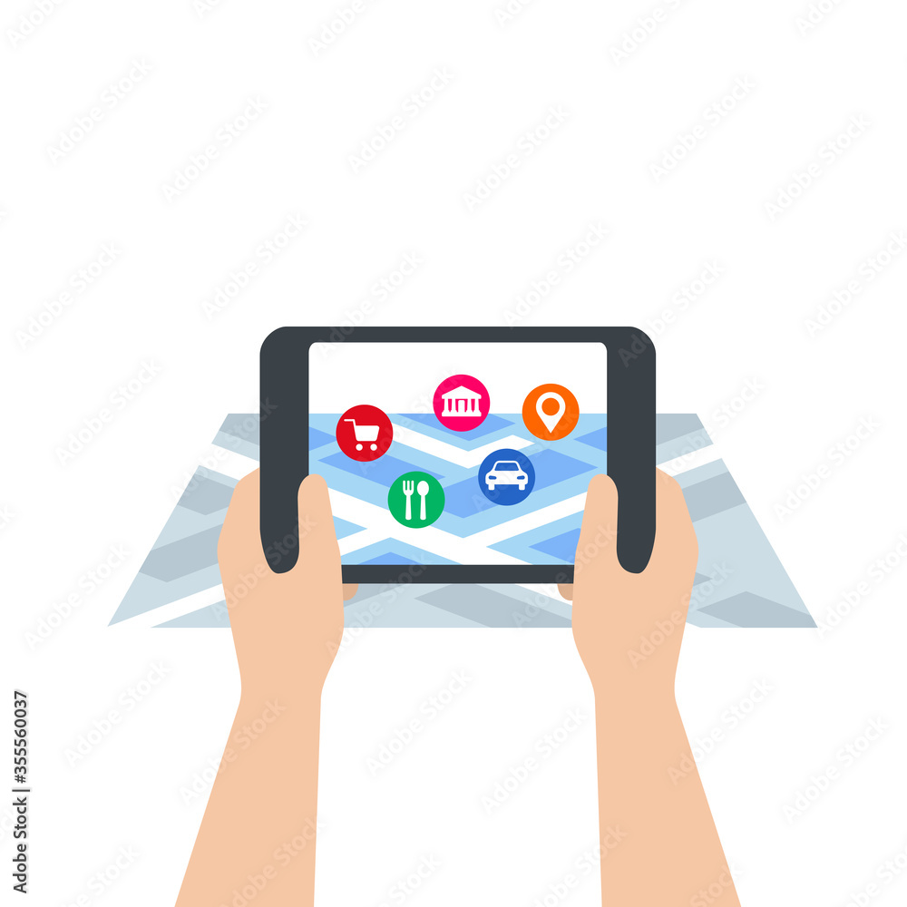 Poster augmented reality - vector concept with tablet screen holding in hands, isometric map and 3d-visuali