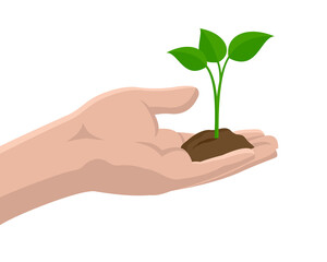 Fototapeta na wymiar Plant sprout in human hand with handful of soil - ecology or agriculture isolated vector decoration 