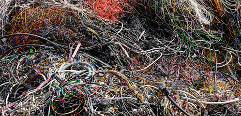 Used colored electric wires collected for recycling factory