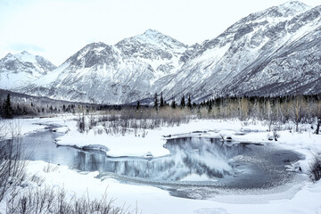 Winter Snow Scene in a Valley with Pond and Stream