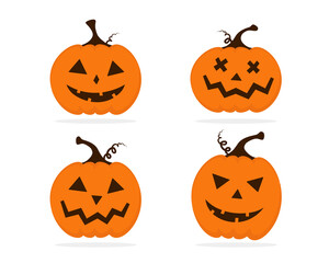 Halloween pumpkin set with carved face isolated illustration on white background. Cute smiling Jack Lantern icons