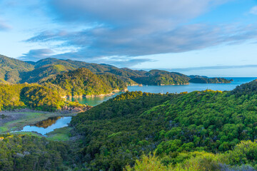 Aerial view of Torrent bay at Abel Tasman national park in New Zealand