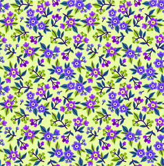 Seamless floral pattern for design. Small purple flowers and leaves. White background. Modern floral texture. A allover floral design in bright colors. The elegant the template for fashion prints.