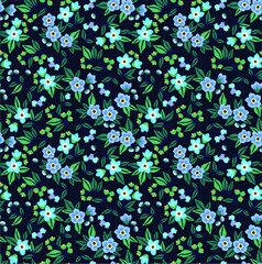 Trendy seamless vector floral pattern. Endless print made of small light blue flowers, leaves and berries. Summer and spring motifs. Dark blue background.Vector illustration.
