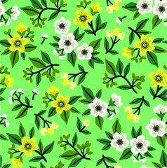 Trendy seamless vector floral pattern. Endless print made of small yellow and white flowers, leaves and berries. Summer and spring motifs. Pale green background.Vector illustration.