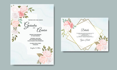 Wedding invitation card template set with beautiful colourful floral leaves
