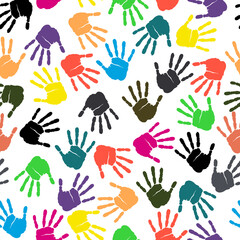 Handprint isolated on white background. Creative hands prints. Cultural diversity day. Seamless vector illustration of colorful human hand prints for social support and unity.