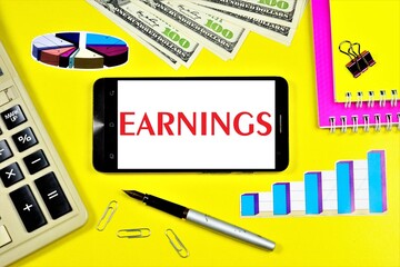 Earnings-text inscription on the Manager's smartphone. Remuneration for work, the result of...