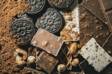 heap of chocolate, round biscuit with toppings, hazelnuts and cashews and faffles. All sprinkled with cocoa. World Chocolate Day.