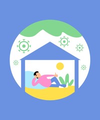 Stay at home concept. Man laying down indoor vector illustartion. Coronavirus prevention mesuares. Protection during quarantine. Self isolated happy guy. Pandemic icon.