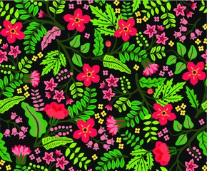 Gordijnen Trendy seamless vector floral pattern. Endless print made of small pink flowers, leaves and berries. Summer and spring motifs. Dark green background.Vector illustration.  © ann_and_pen