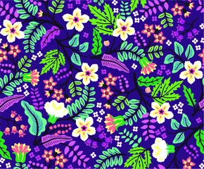 Foto op Plexiglas Vintage floral background. Seamless vector pattern for design and fashion prints. Flowers pattern with colorful flowers on a violet background. Ditsy style.  © ann_and_pen