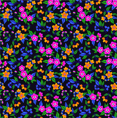 Cute Floral pattern in the small flower. Ditsy print. Motifs scattered random. Seamless vector texture. Elegant template for fashion prints. Printing with small pink  flowers. Dark blue background.