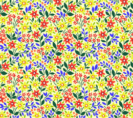 Vintage floral background. Seamless vector pattern for design and fashion prints. Flowers pattern with small yellow flowers on a white background. Ditsy style. 